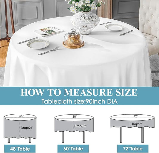 VidaFete 6 Pack 90inch Round Tablecloth Polyester Table Cloth,Stain Resistant and Wrinkle Polyester Dining Table Cover for Kitchen Dinning Party Wedding Rectangular Tabletop Buffet Decoration(White)