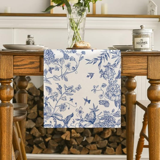 Artoid Mode Monochrome Sketch Birds and Flowers Spring Table Runner, Seasonal Summer Fall Kitchen Dining Table Decoration for Home Party Decor 13x108 Inch