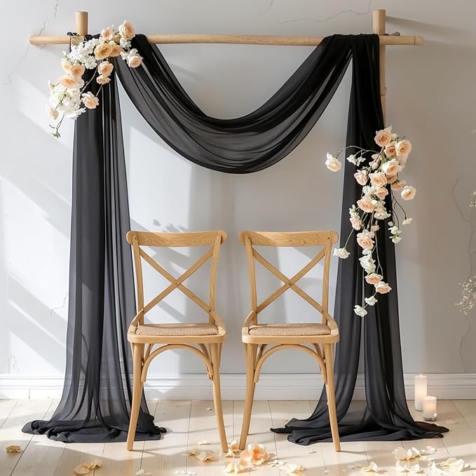 PARTISKY Wedding Arch Draping Fabric 19FT Black Drapery Sheer Curtains for Backdrop Wedding Arch Decorations for Ceremony Stage Reception Banquet Party(1 Panel), Black