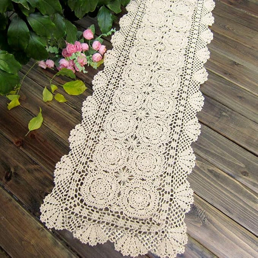 KEPSWET Cotton Handmade Crochet Lace Table Runner Beige Rectangle Coffee Table Dresser Decor (14x96 inch)
