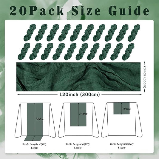 Emerald Green 20 Pack Cheesecloth Table Runner 10FT Boho Fabric Rustic Cheese Cloth Table Runner for Wedding 20 x 120 Inch Long Bridal Shower Baby Shower Gauze Sheer Birthday Party Table Decorations