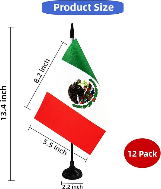 Mexico Desk Flag, 12 Pack Mexican Table Office Flag with Black Solid Pole and Stand Base, International Country Flag, Festival Celebration, Classroom Meeting Desktop Decor (Mexico)