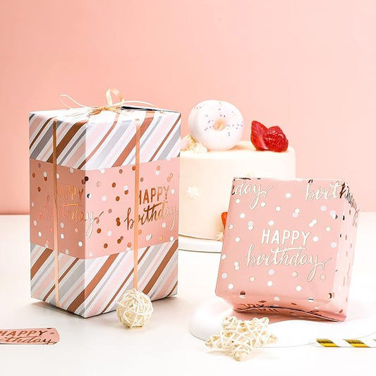 LeZakaa Reversible Pink Birthday Wrapping Paper Roll for Girls Women, Happy Birthday Lettering & Stripe Pattern with Metallic Foil in Pink, Large Roll, 30 inches x 32.8 Feet (92.9 sq.ft.)