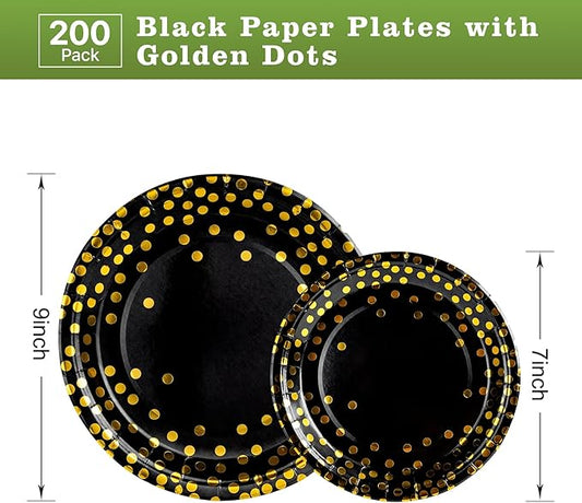 Lullaby 200PCS Black Paper Plates, Black and Gold Paper Plate, 100pcs Dinner Plates 9",100pcs Dessert Plates 7", Disposable Graduation Plates with Golden Dot for Birthday party, Halloween