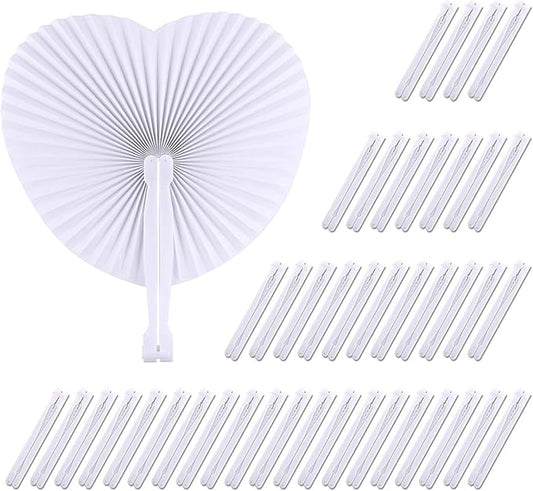 Zwin 60PCS Heart Shaped Folding Paper Fans for Wedding White Plastic Handheld Pocket Paper Fans for Party Decorations