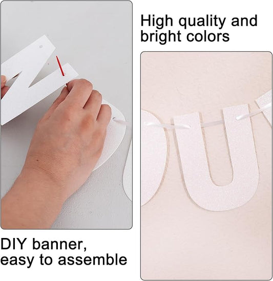 BEISHIDA 116 PCS Glitter Color White DIY Letter Banner Kit Make Your Own Banner,Including 111 Letters and Numbers 3 Rope and 3 Threading Device,Customized for Birthday Graduation Wedding Party Decor