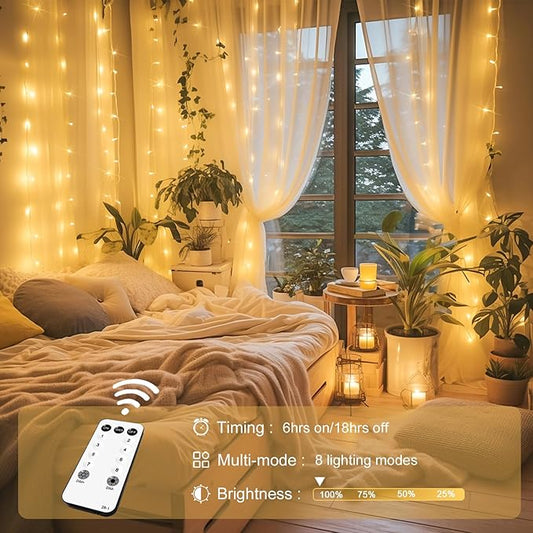 JMEXSUSS 300 LED Remote Control Christmas Curtain Lights, Plug in Fairy Curtain Lights Outdoor, Window Wall Hanging String Lights for Bedroom Backdrop Wedding Party Indoor Patio Xmas Decor, Warm White
