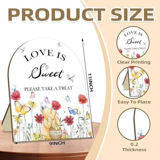 Winnie Decor Love is Sweet Sign, Floral Butterfly Decor Bridal Shower Welcome Sign, Classic Pooh Wedding Sign Bridal Shower Favors for Guests, Love is Sweet Please Take A Treat Sign 9 * 11IN