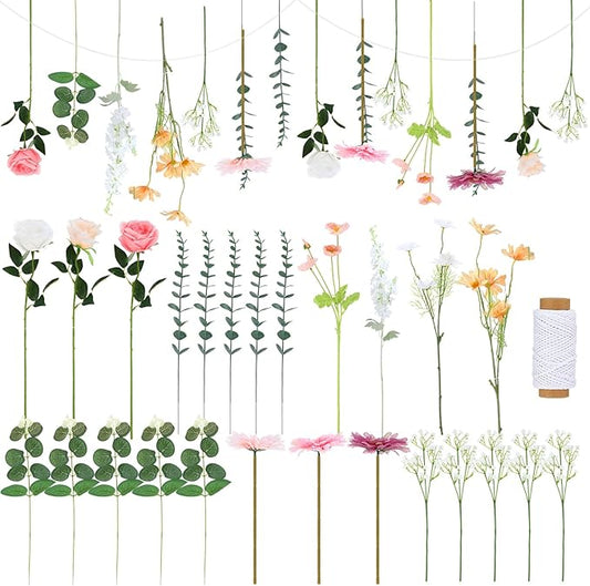 Hoteam 26 Pcs DIY Flower Garland Artificial Hanging Wildflower Backdrop Set Fake Rose Eucalyptus Daisy Poppy Wild Flower Decor for Wedding Party Birthday Home Garden (White,Champagne,Pink)