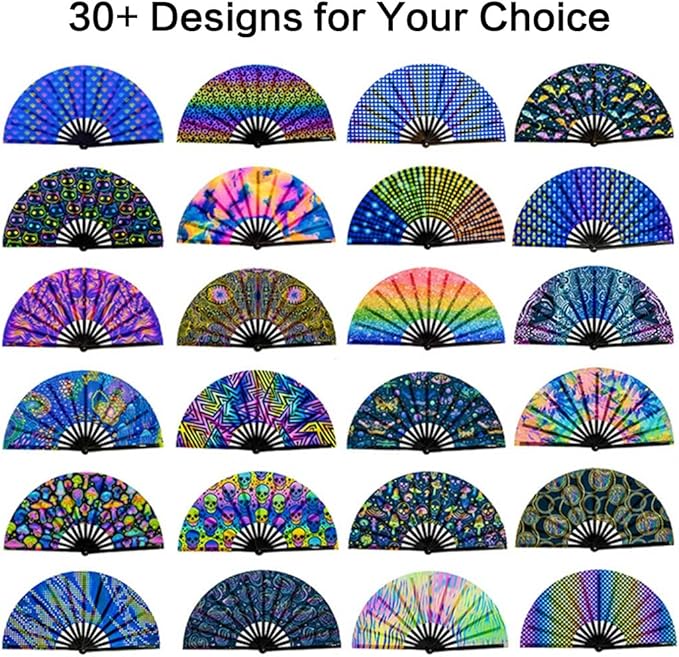 UV Glow Rave Fan, Bamboo Folding Clack Hand Fans Foldable for Men Women, Boots on the Ground Poping Fan for EDM Festival Line Dance Decoration, (Waves-2, Large 13")