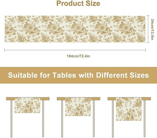 Retro Floral Table Runner, Golden White Wildfloral Sketch Print Kitchen Dinning Table Runner for Indoor Outdoor Home Wedding Party Holiday, 13x90 Inch