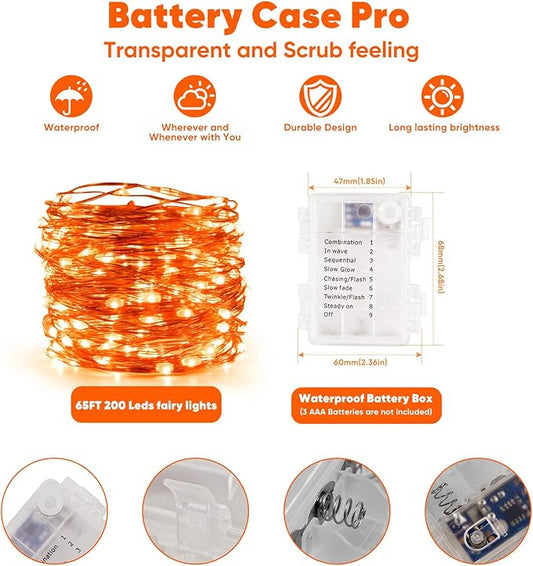 1 Pack 65.6 Ft. Battery Operated Outdoor String Lights with Remote & Timer, LED Orange Fairy Lights, Waterproof Twinkle Lights for Bedroom, Dorm, Mason Jar, Wedding, Party, Christmas
