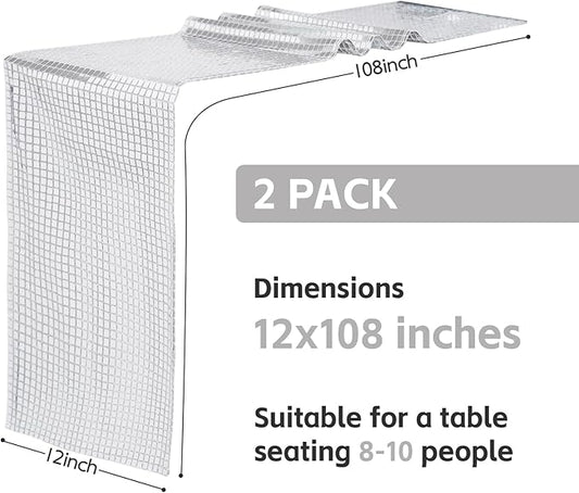 SquarePie Disco Table Runner 2 Pack - Silver Mirror Sequin Glitter Foil Runner for Disco Party Decor Retro 70s 80s Theme, Bachelorette Birthday Dance Decoration 12x108 Inch