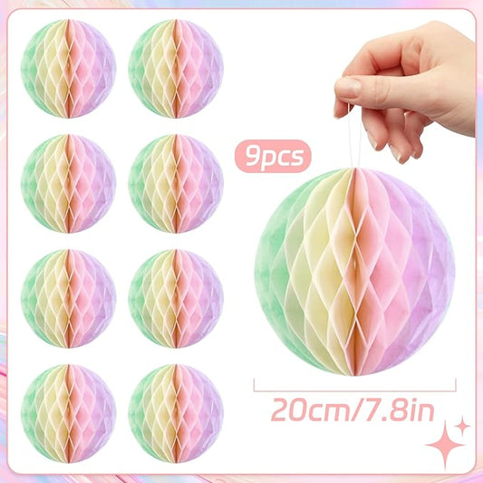 Pastel Hanging Honeycomb Ball, Rainbow Party Decorations,Pastel Birthday Party Decor for Macron Birthday Classroom Baby Shower Bridal Wedding Decor, Set of 9