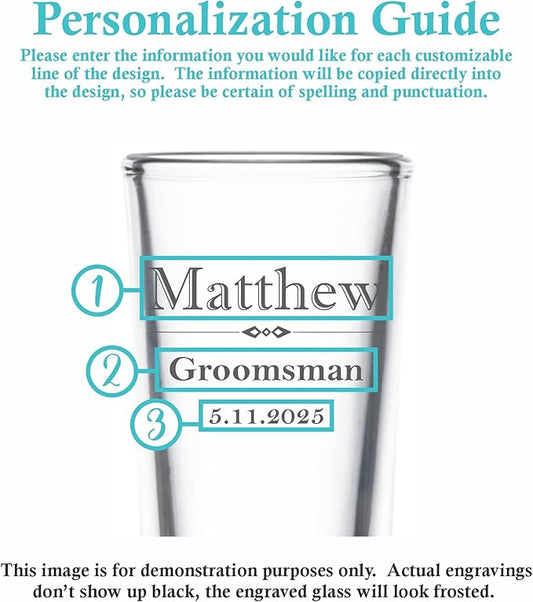 Custom Engraved Shot Glass – 2oz Tall Clear Glass – Personalized Gift for Wedding Party – Classic Etched Barware Keepsake for Groomsmen, Bridesmaids, and More (2)