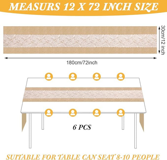 Xinnun 6 Pack Burlap Table Runner with LED String Lights, Modern Rustic Lace Natural Vintage Boho Jute Wedding Table Decor for Farmhouse Thanksgiving Christmas(Modern Neutral,12x70 Inches)