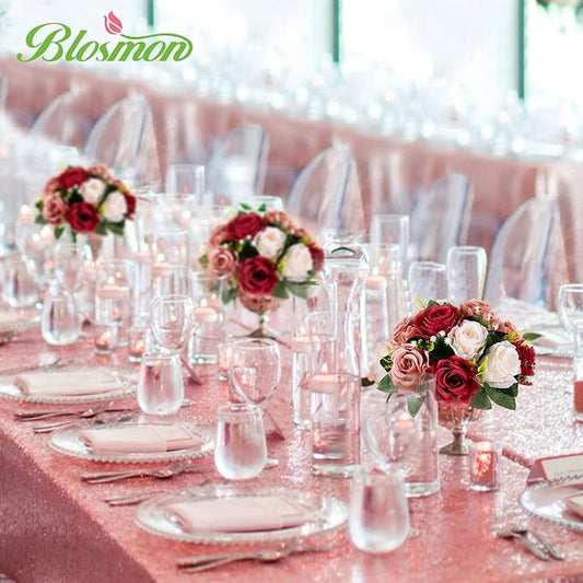 BLOSMON Wedding Flowers Decorations for Table: 6 Pcs Burgundy & Dusty Rose & Creamy White Fake Rose Flowers Balls Centerpieces- Artificial Silk Kissing Floral Arrangements Home Party DIY Decoration