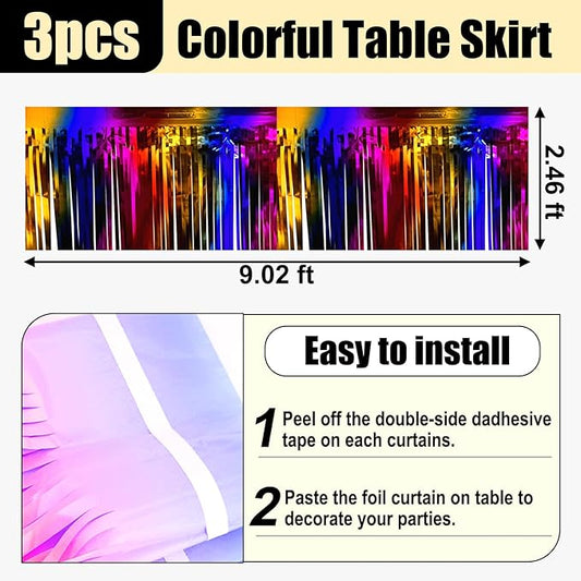 3 Pack 29x108 Inch Rainbow Foil Fringe Table Skirts Metallic Banner for Tinsel Streamer Garland Backdrop for Parade Floats Wedding Thanksgiving Birthday Christmas Halloween Party Decoration