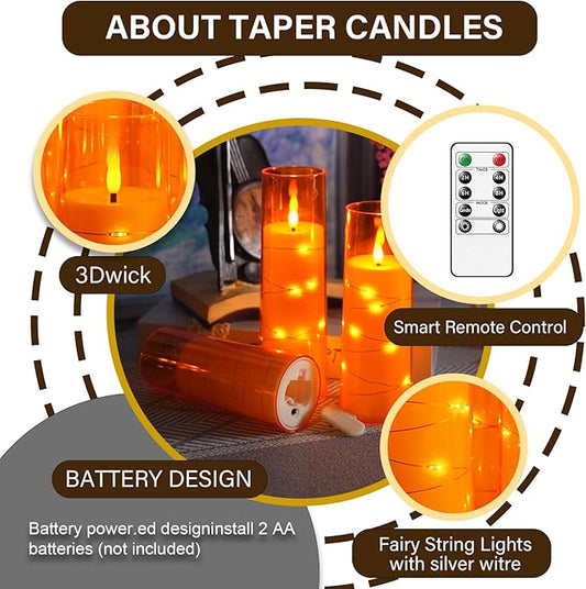 Flameless LED Candles with Timer 9 Pc Flickering Flameless Candles for Romantic Ambiance and Home Decoration Stable Acrylic Shell,with Embedded Star String,Battery Operated Candles(Orange)