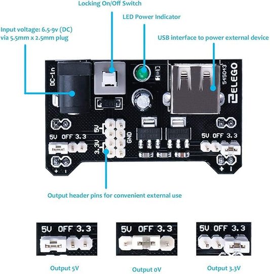 ELEGOO Upgraded Electronics Fun Kit w/Power Supply Module, Jumper Wire, Precision Potentiometer, 830 tie-Points Breadboard Compatible with Arduino, STM32