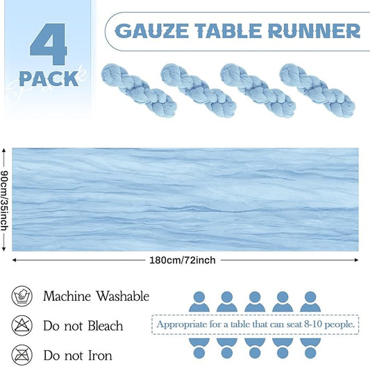 Aktor 4 Pack Light Blue Table Runner Boho Cheesecloth Table Runner Semi Sheer Gauze Fabric Runners for Wedding Birthday Baby Shower Party Boho Table Decoration(Light Blue)