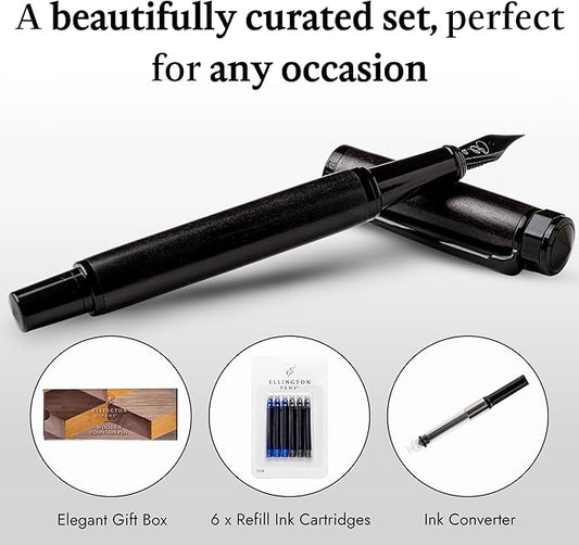 Ellington Pens Elegant Wood Fountain Pen Set – Includes Wooden Pen Box, Ink Converter, 6 Ink Cartridges, and Gift Box – Writing, Calligraphy