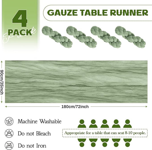 Aktor 4 Pack Sage Green Table Runner Boho Cheesecloth Table Runner Semi Sheer Gauze Fabric Runners for Wedding Birthday Baby Shower Party Boho Table Decoration(Sage Green)