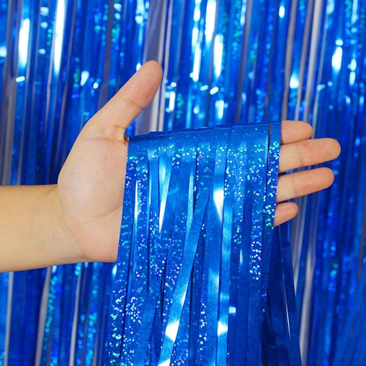 Foil Fringe Curtains Party Decorations - Melsan 3 Pack 3.2 x 8.2 ft Tinsel Curtain Party Photo Backdrop for Independence Day Decorations Birthday Party Baby Shower or Graduation Navy