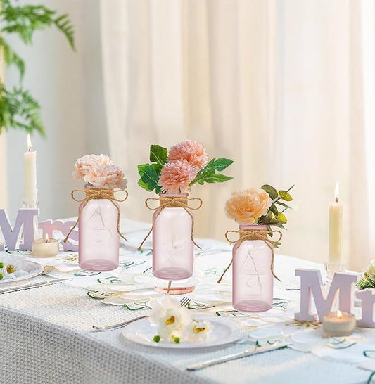 Vintage Glass Flower Vase,6 Pack Pink Farmhouse Glass Centerpiece Vases Mason Jars for Weddings, Parties & Home Decor Bulk (6, Pink)