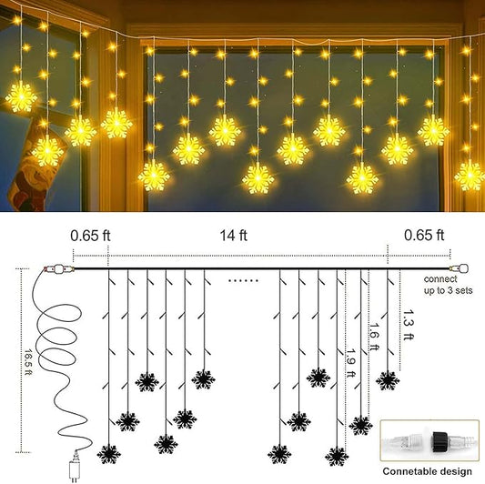 150 LED Christmas Icicle Lights with Snowflakes, Hanging Snowflake Light with 8 Modes, Connectable Warm White Icicle Lights for Outside, Roof, Window, Holiday Party Decor