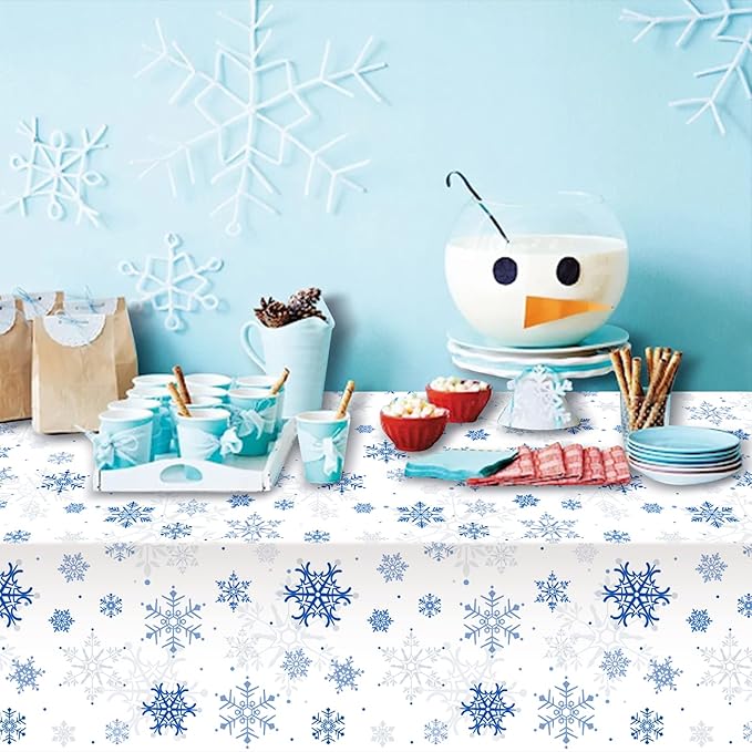 3 Pieces Snowflake Christmas Party Tablecloth Decorations,Plastic White Snowflake White Blue Xmas Backdrop Sign Table Cover Banner for Winter Christmas Holiday Party Supplies,54x108 inch(White/Blue)