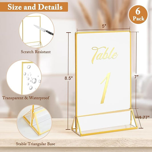 Floroom 6 Pack 5x7 Inch Clear Acrylic Sign Holders, Double-Sided Gold Display Stand Picture Frames for Table Numbers, Menus, Flyers, Weddings, and Offices