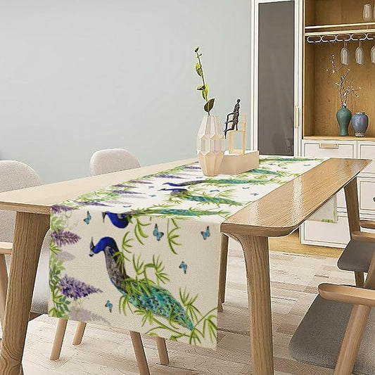 Peacock Table Runner,Spring Plant Butterfly Print Seasonal Table Runner for Home Kitchen Dining Party Indoor Outdoor Decoration 13x70 Inch
