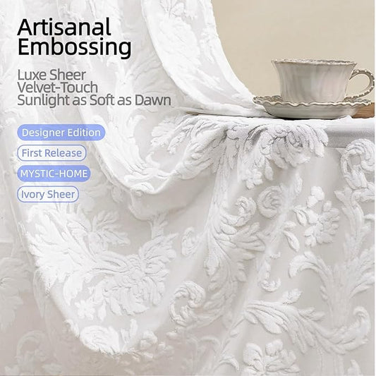 Sheer White Curtains for Bedroom Living Room Boho 63 Inches Rod Pocket Farmhouse Drapes with Floral Patterned Vintage 3D Flocked Texture & Rococo Motifs Window Curtains Set of 2 Panels, 52"W*63"L