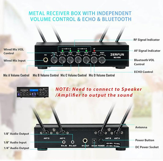 4 Channel Rechargeable Wireless Microphone System, Pro UHF Metal Handheld Wireless Microphones Cordless Mics with Echo Bluetooth VOL Channel Control for Karaoke Singing Church(MU-898)