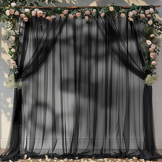 10ft X 10ft Black Sheer Backdrop Curtain for Parties, Tulle Sheer Fabric Backdrop Curtain Drapes for Baby Shower Birthday Party Photo Shoot Halloween Decorations