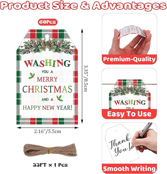 60Pcs Merry Christmas Tags with String, 3.3x2.1 Inch Buffalo Plaid Holiday Gift Tags, Xmas Happy New Year Tag with Holly for Winter Party Candy Bag Envelope Presents Gift Favor