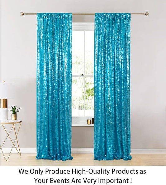 ShinyBeauty Sequin Curtains 2 Panels Turquoise 2FTx8FT Sequin Photo Backdrop Aqua Sequin Backdrop Curtain Pack of 2-1011E