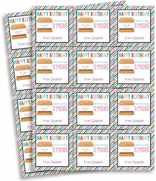 Custom & Personalized Many S'More Happy Birthday Gift Tag Sticker Labels, 24 2.5" Square Stickers by Amanda Creation
