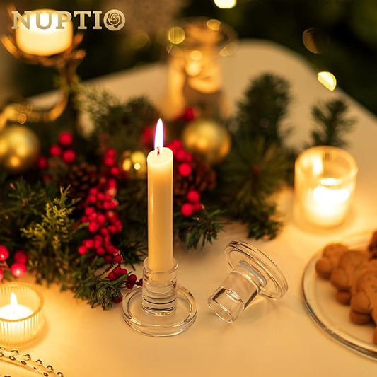NUPTIO Glass Taper Candle Holders: Set of 2 Clear Small Candlestick Tapered Holder for Candles Sticks Modern Short Tapers Candleholders for Wedding Christmas Thanksgiving Party Table Decor
