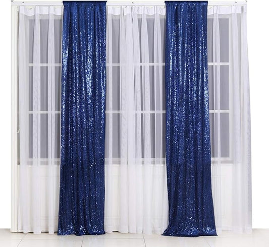 SquarePie Sequin Backdrop Non-Transparent Background Sparkly Curtain for Wedding Party 2FT x 8FT Navy Blue 2pcs