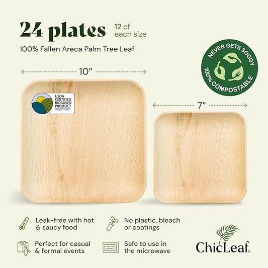 Chic Leaf Square Palm Leaf Tableware - 10" & 7", Pack of 24 - Durable Bamboo Disposable Dinnerware - Eco-Friendly Compostable Plates - Versatile Party & Appetizer Plates
