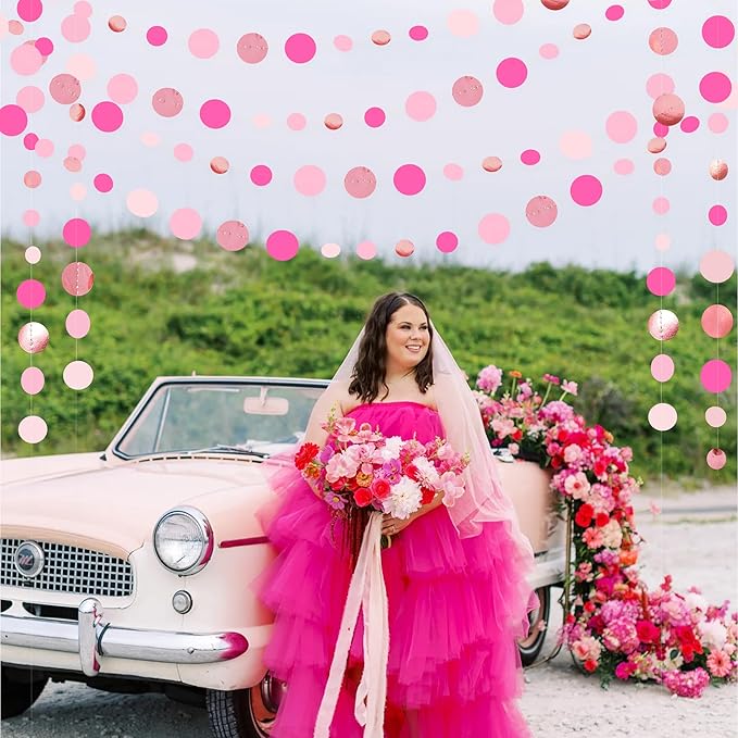 Hot Pink Rose Gold Party Decorations Circle Dots Garland Hanging Polka Dot Streamer for Girls Birthday Bachelorette Baby Shower Wedding Bridal Shower Anniversary Hen Party Supplies