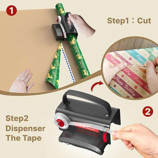 (2-Pack) Wheel Wrapping Paper Cutter & Tape Dispenser with 4 Tapes,2 Replace Blades Kit for Christmas Gift Wrap Cutter Tool Paper Roll Holder Tube Sliding Slicing for Birthday Holiday.