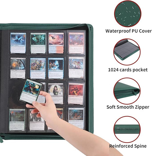 Snekdy premium 1024-pocket trading card binder, 16-pocket cards album, waterproof PU-leather Cover album with side loading, holds gaming, baseball, basketball & sports cards Green