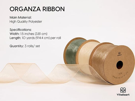 Vitalizart Organza Ribbon 1.5" x 30 Yd Cream White Rose Gold & Dusty Green Sheer Ribbons for Gift Wrapping Crafts Christmas Party Decor Bows Wedding Invitations Wreaths Bouquet