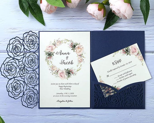 20 Pcs Laser Cut Wedding Invitations Card Pocket with Envelope for Birthday Party Baby or Bride Shower Invite suitable for 5 * 7 Inches Insert Paper (Dark Blue)