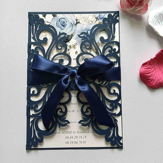 25PCS Pearl Navy Blue Laser Cut Wedding Invitations Cards with Envelopes,Blank Inner Sheets,Ribbons for Wedding Bridal Shower Quinceañera Engagement Birthday Invites