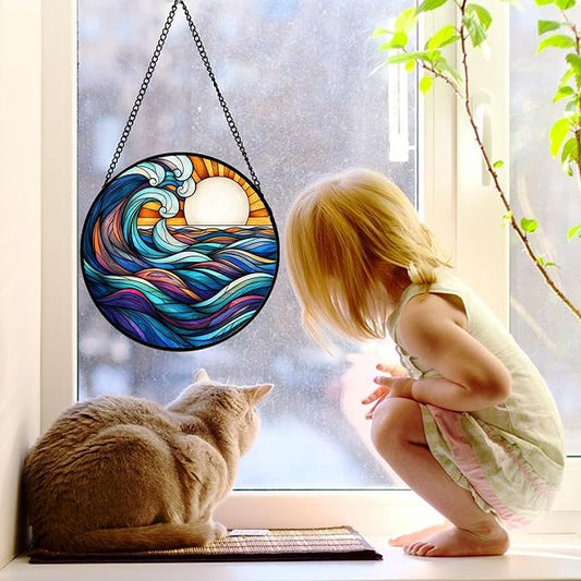 Stained Glass Window Hanging, Big Wave Sun Suncatcher Diamond Glass Panel Hangings Abstract Sun Catchers Decor for Birthday for Women, Men, Wife, Aunt,and Mom 6.3X6.3IN