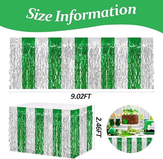 4P Wavy Metallic Tinsel Foil Fringe Table Skirts for Rectangle Tables Backdrop Garland Curtains for Parade Floats Wedding Birthday Parties Decoration Graduation 2025 Christmas (Silver Green)